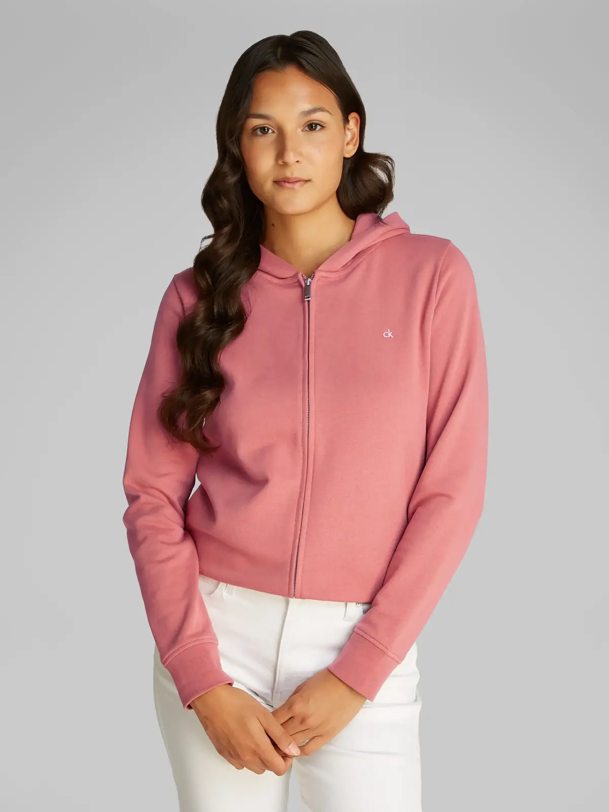 Calvin Klein CK EMB TERRY ZIP THR Pembe Kadın Fermuarlı Kapüşonlu Sweatshirt