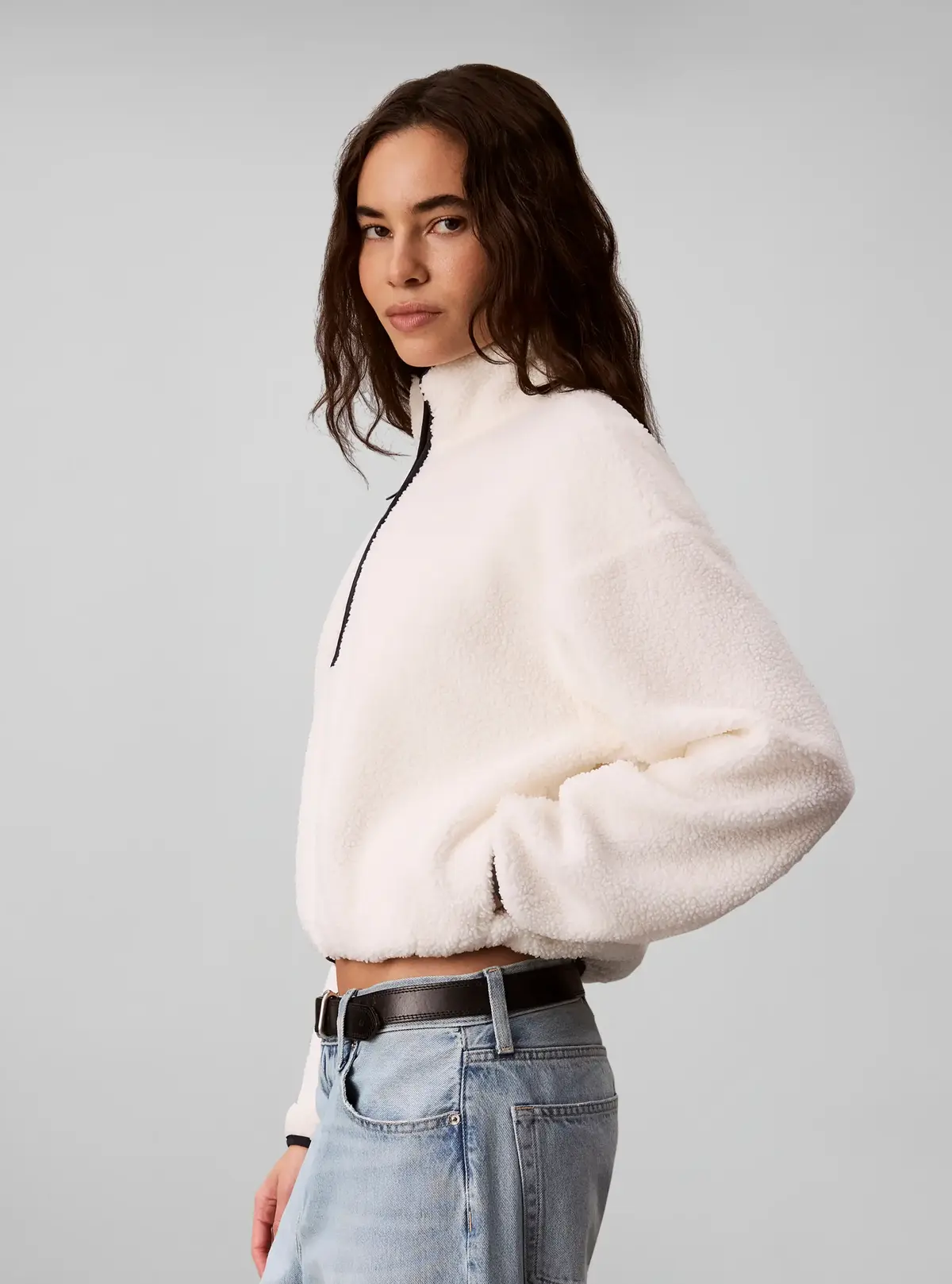 Calvin Klein SHERPA 1/4 ZIP CONTR, YAS Bej Kadın Sweatshirt