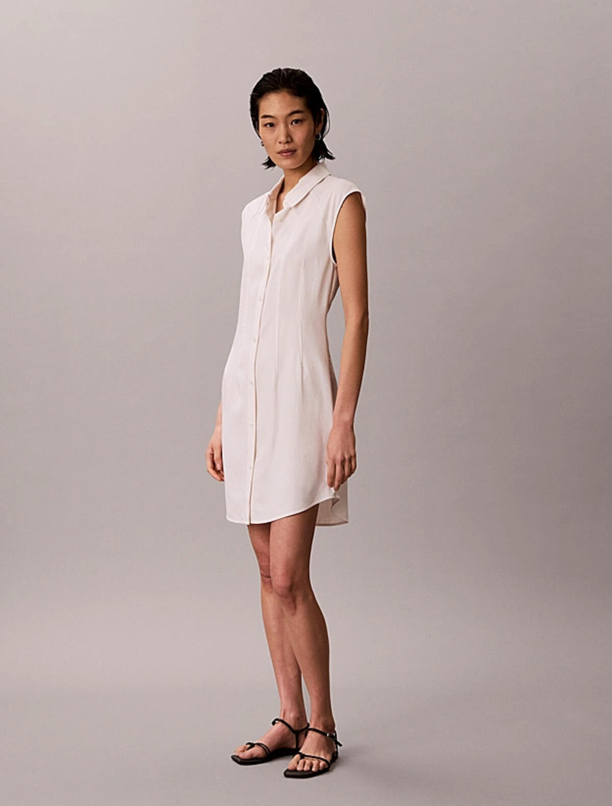 Calvin Klein TENCEL LINEN SL MINI, GNA, XXS Kadın Krem Elbise