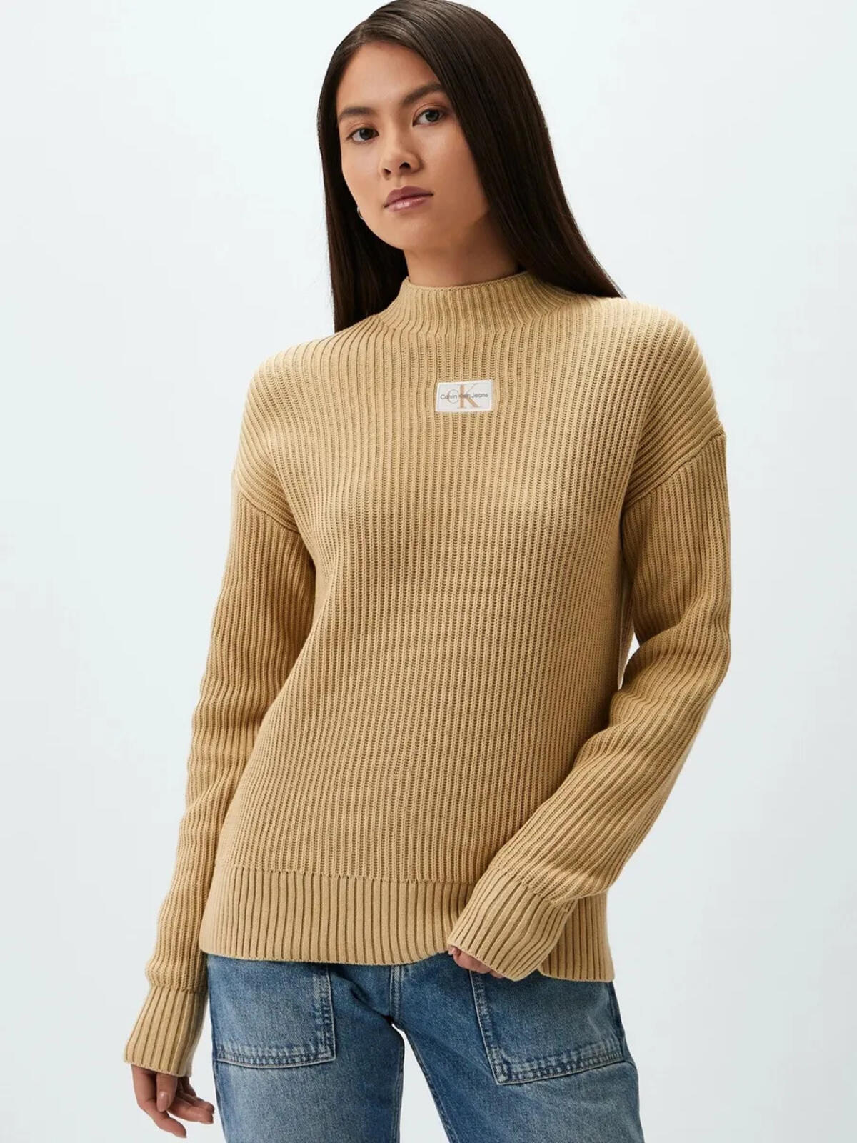Calvin Klein WOVEN LABEL LOOSE SW, RAE Kadın Bej Kazak