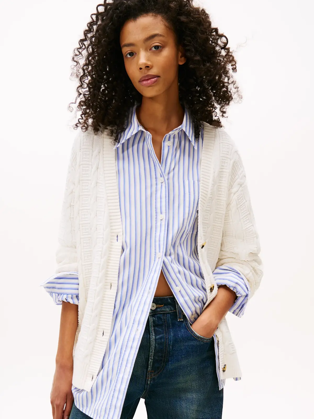 Tommy Hilfiger TJW CABLE CARDIGAN, YBH Krem Kadın Kazak