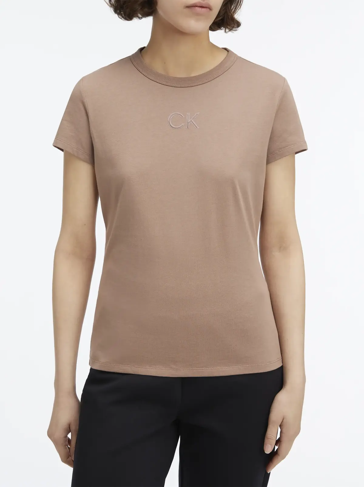 Calvin Klein SATIN CK SLIM T-SHIR, GA6 Kahverengi Kadın T-Shirt & Polo