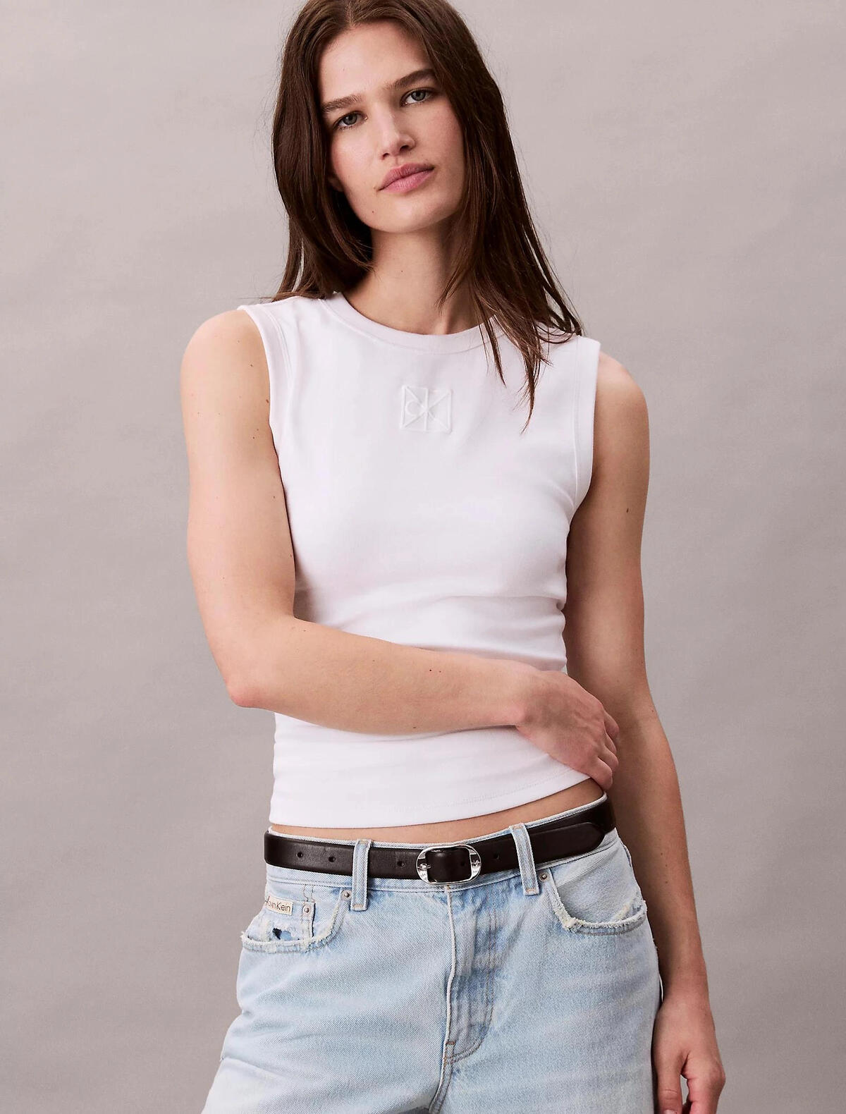 Calvin Klein SL REFINED RIB EMBLE, YAA Beyaz Kadın Bluz