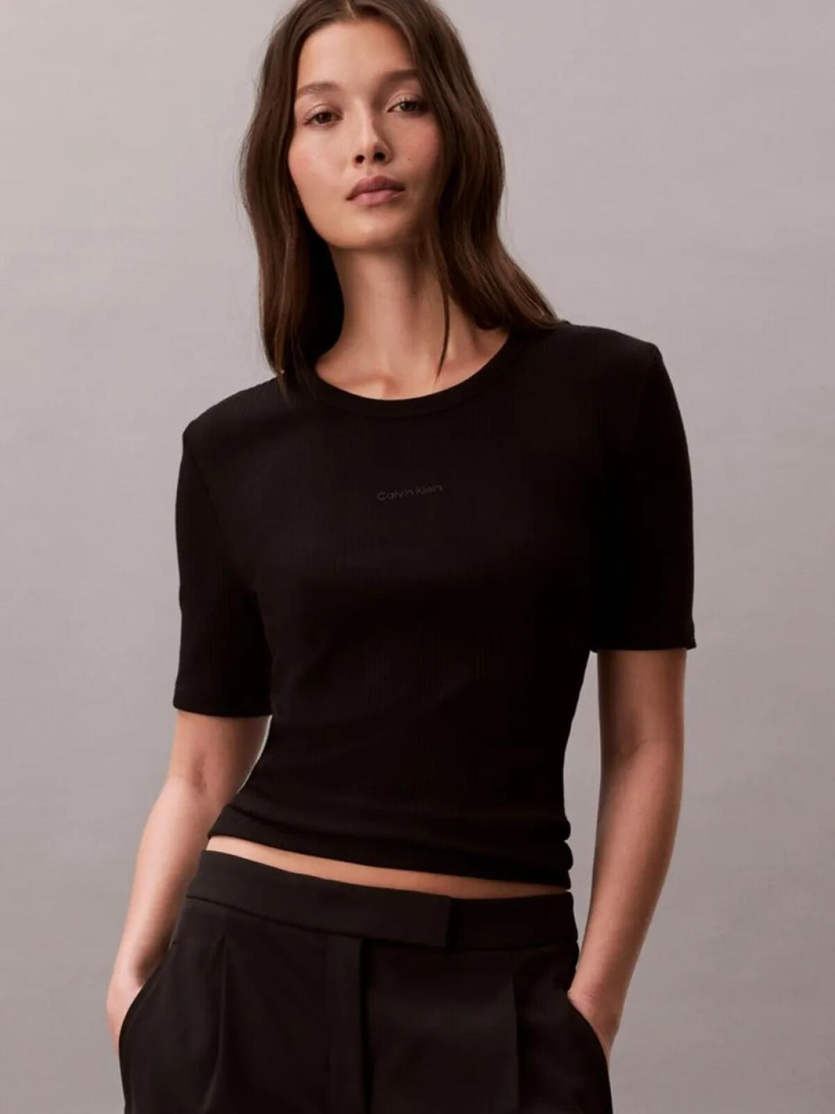 Calvin Klein HS VARIGATED RIB NAN, UB1 Siyah Kadın T-Shirt