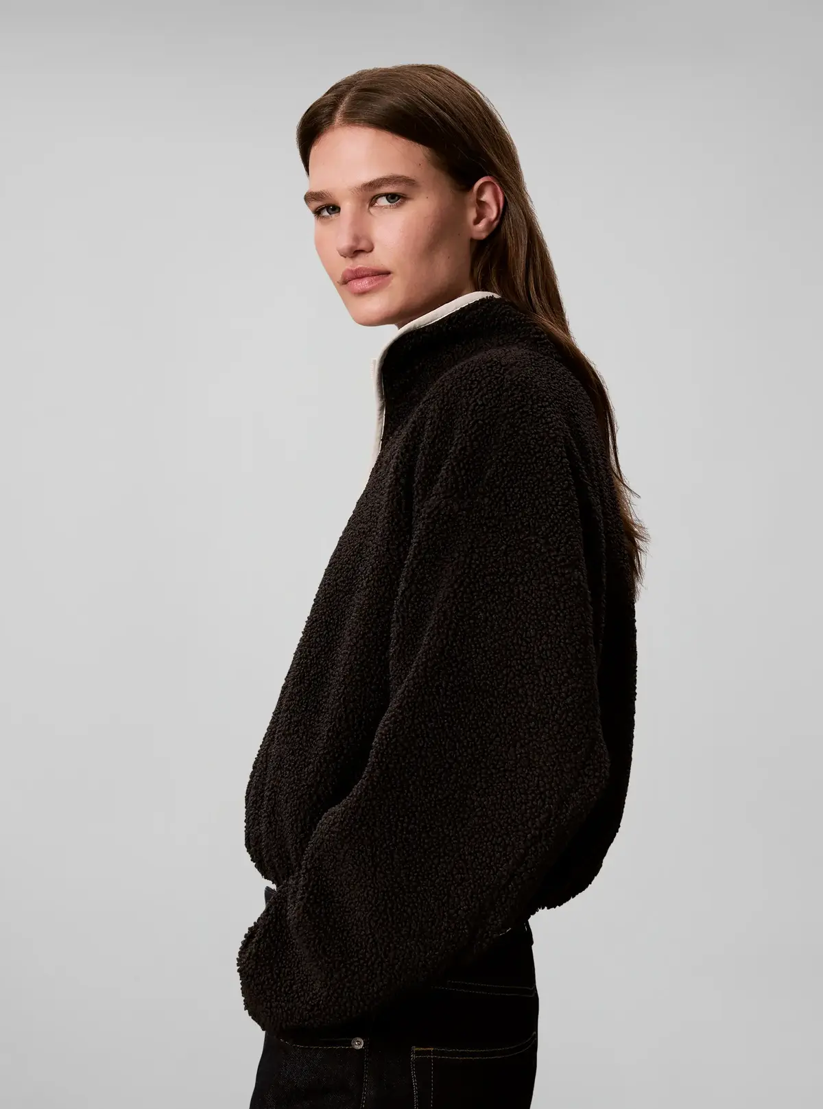 Calvin Klein SHERPA 1/4 ZIP CONTR, UB1 Siyah Kadın Sweatshirt
