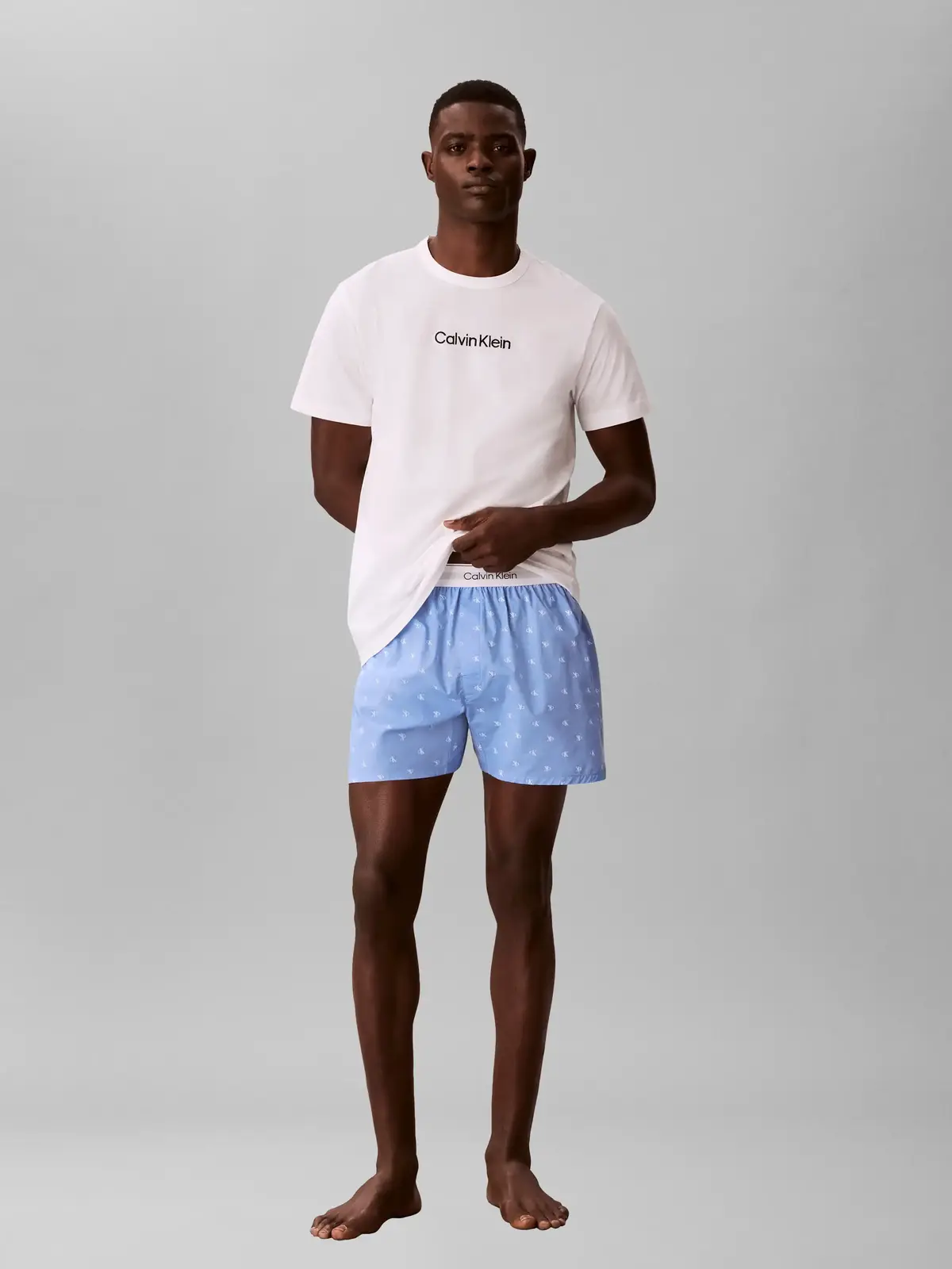Calvin Klein S/S CREW POPLIN BOXER Mavi Erkek Pijama Takımı