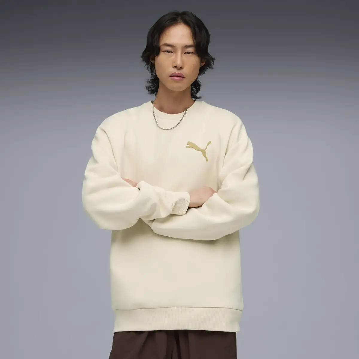 PUMA ESS ELEVATED CAT LOGO Crew Krem Erkek Sweatshirt