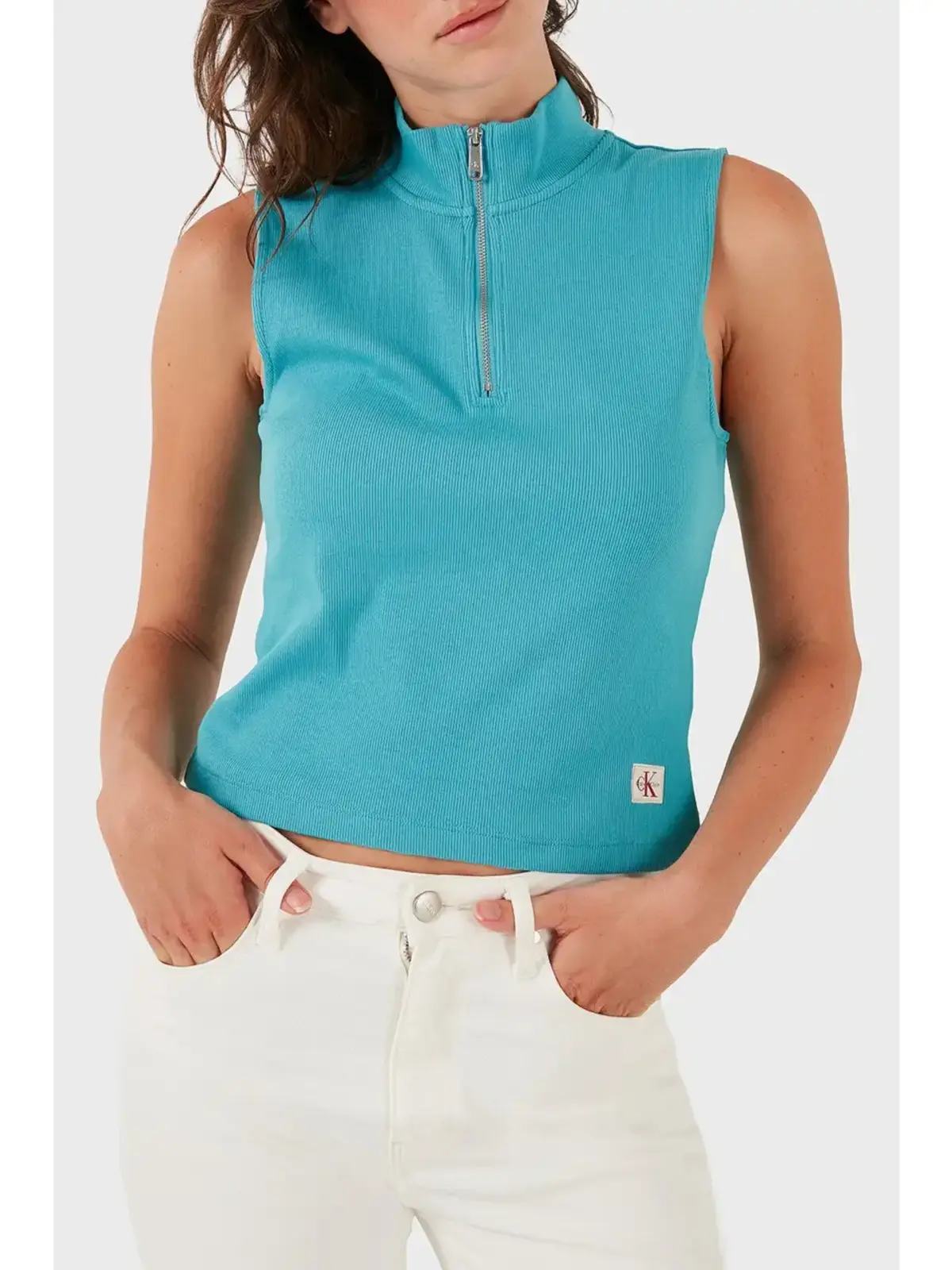 Calvin Klein A- WOVEN LABEL SL QZ TOP Yeşil Kadın Tişört Calvin Klein A- WOVEN LABEL SL QZ TOP Yeşil Kadın Tişört