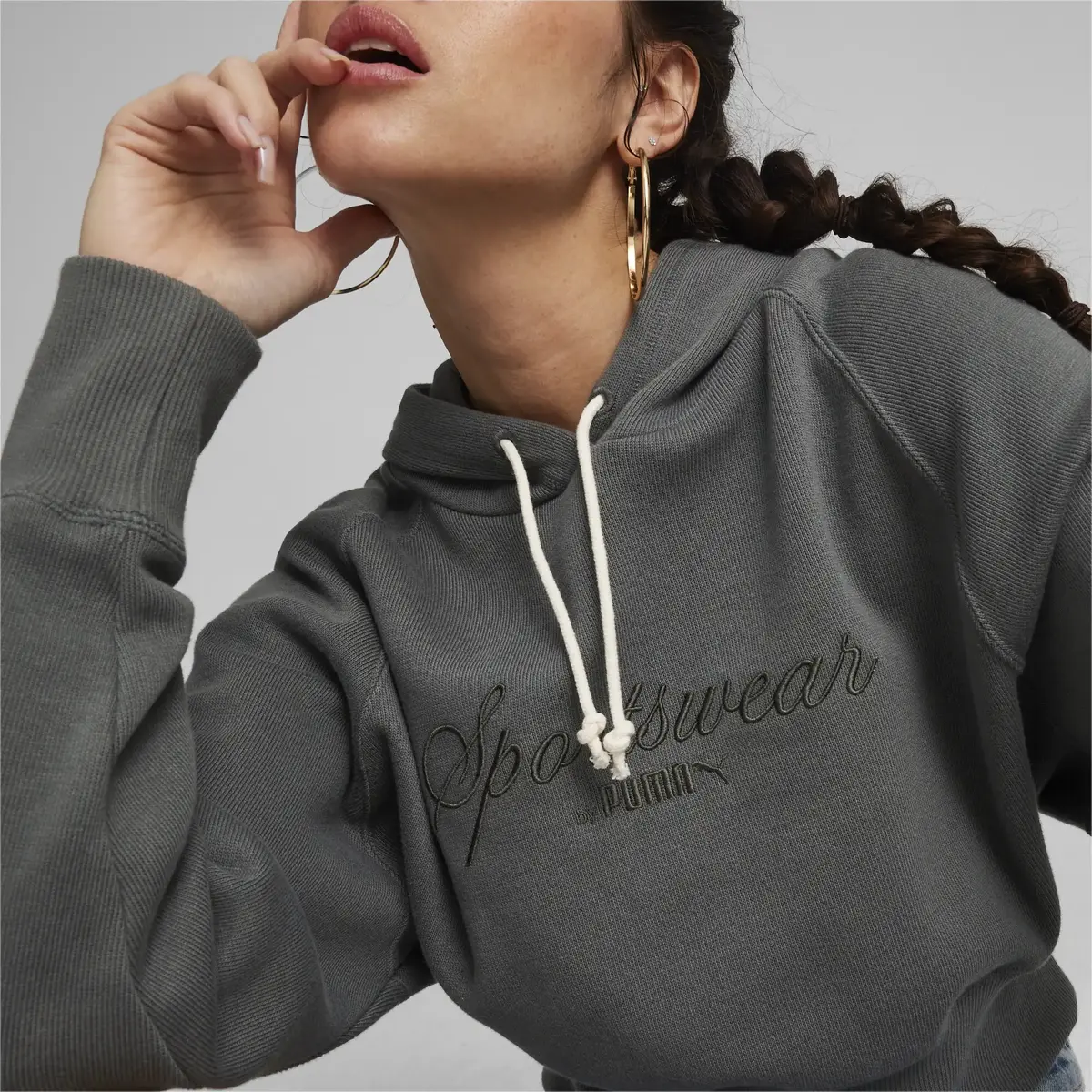 Puma CLASSICS+ Relaxed Cropped Hoodie Koyu Gri Kadın Hoodie