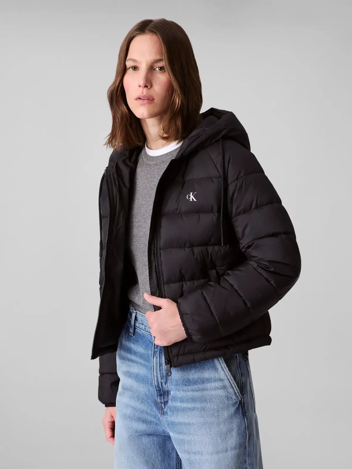 Calvin Klein LIGHTWEIGHT LOGO PUF, UB1 Siyah Kadın Mont