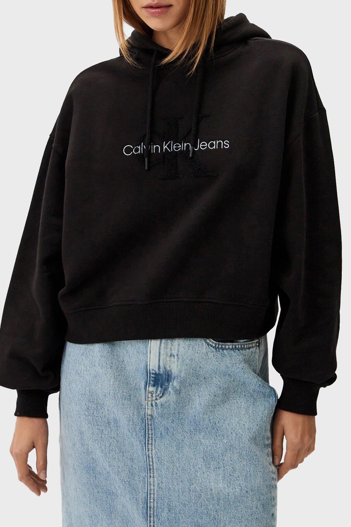 Calvin Klein CHENILLE MONOLOGO HO, BEH Kadın Siyah Sweatshirt
