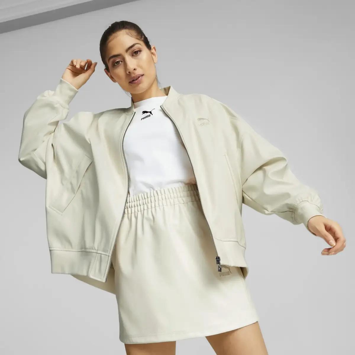 Puma T7 Faux Leather Bomber Beyaz Kadın Bomber Suni Deri Ceket