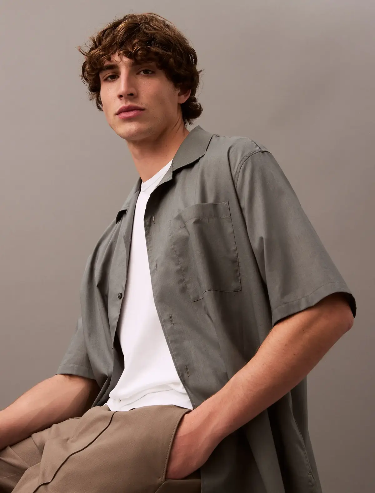Calvin Klein SS COTTON GAUZE RELA, RMG Gri Erkek Gömlek