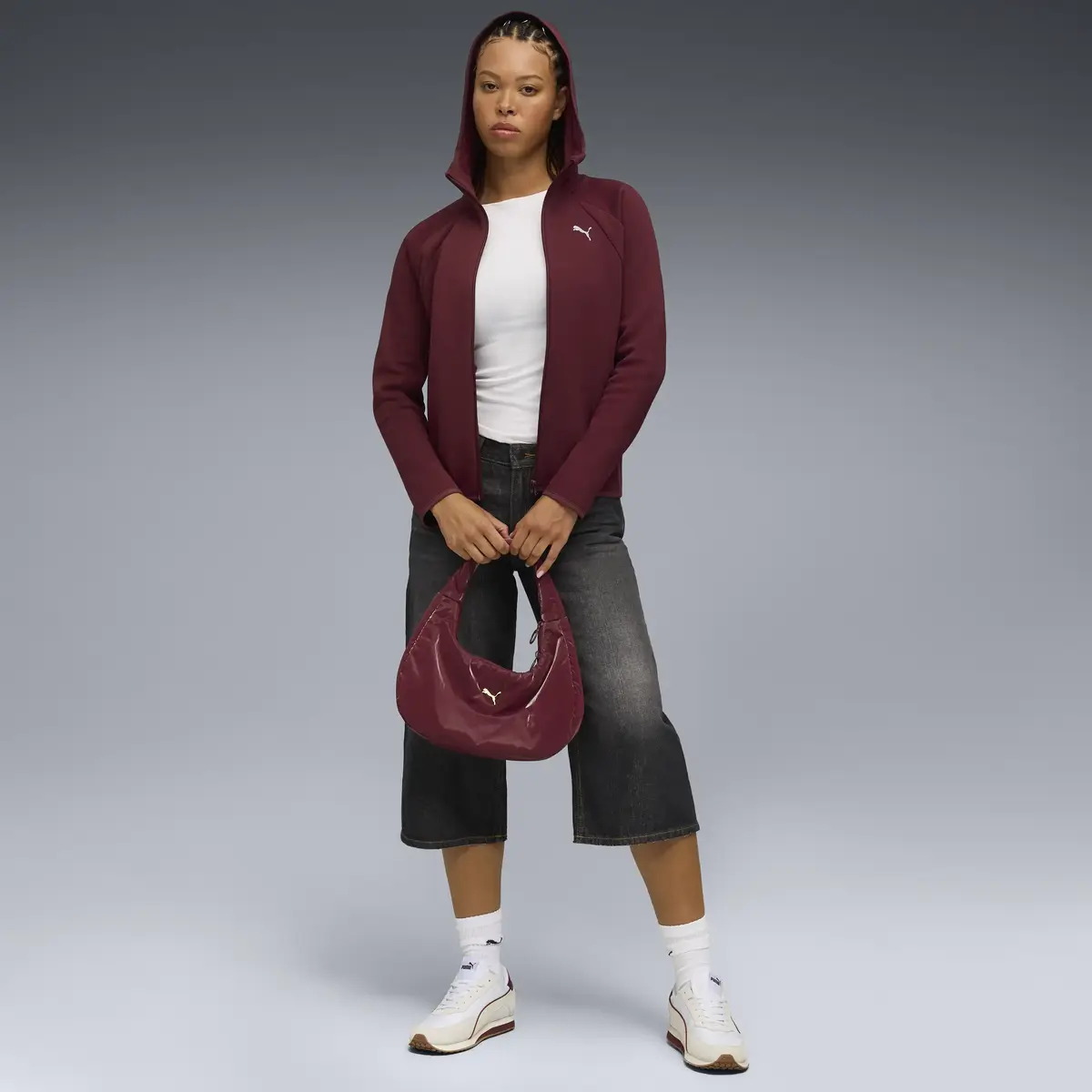 PUMA EVOSTRIPE Full-Zip Hoodie Kadın Bordo Fermuarlı Hoodie