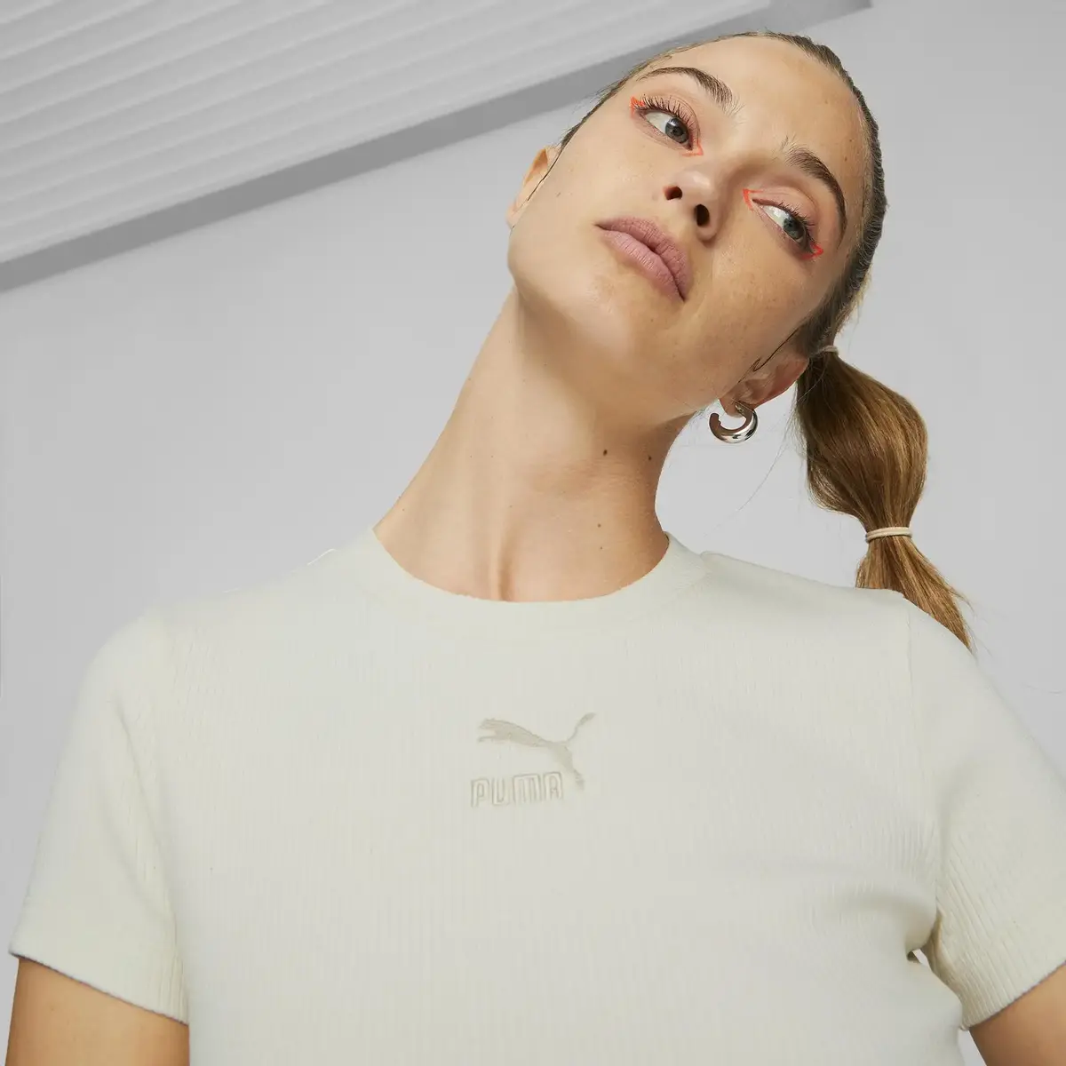 Puma Classics Ribbed Slim Tee Bej Kadın T-Shirt