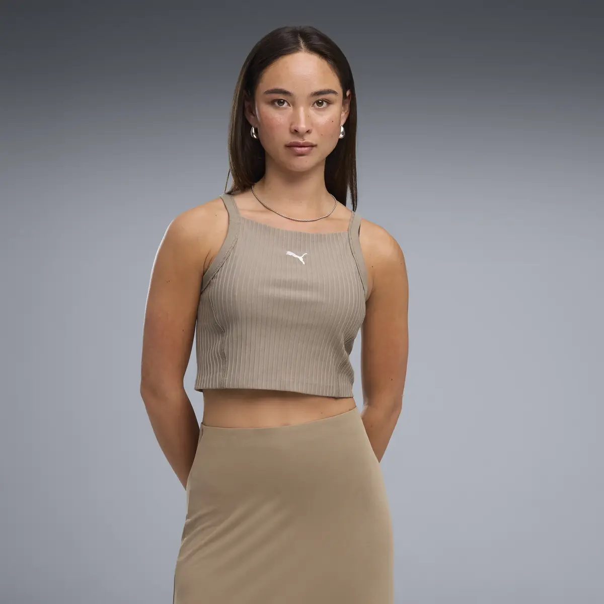 PUMA ESS Ribbed Crop Top Bej Kadın T-Shirt
