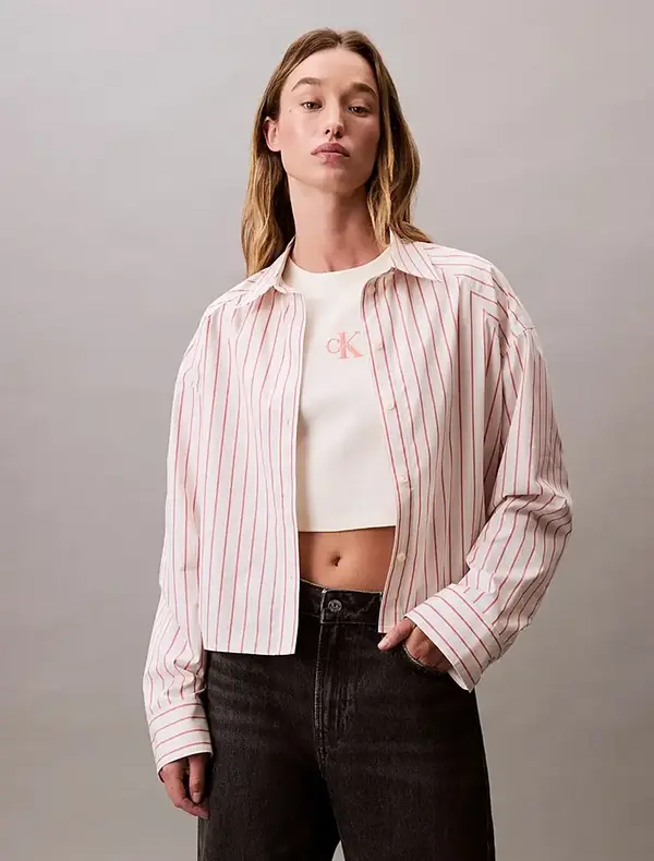 Calvin Klein YD STRIPE BOXY CROPPED SHIRT Bej Kadın Tişört