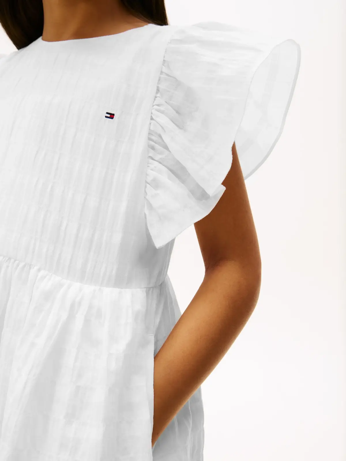 Tommy Hilfiger TEXTURED COTTON DRES, YBR Beyaz Kız Çocuk Elbise-Etek