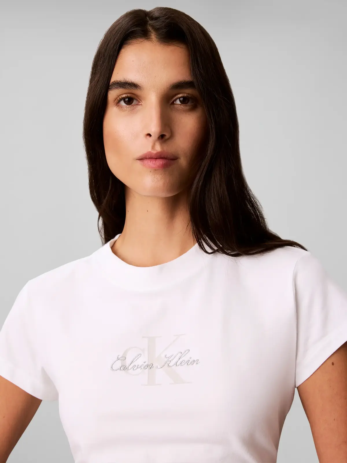 Calvin Klein SS SLIM FIT BABY MON, YAF Beyaz Kadın T-Shirt