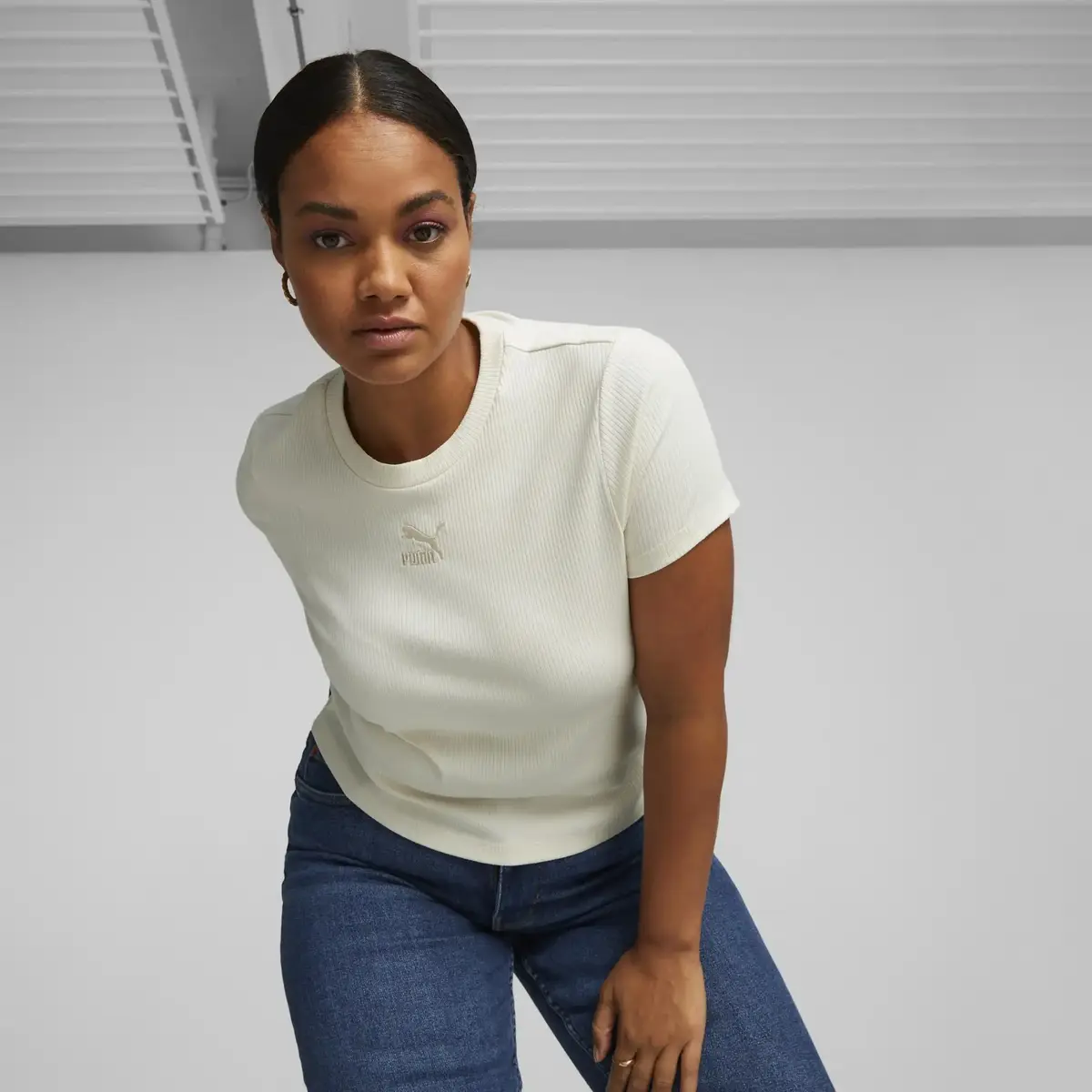 Puma Classics Ribbed Slim Tee Bej Kadın T-Shirt