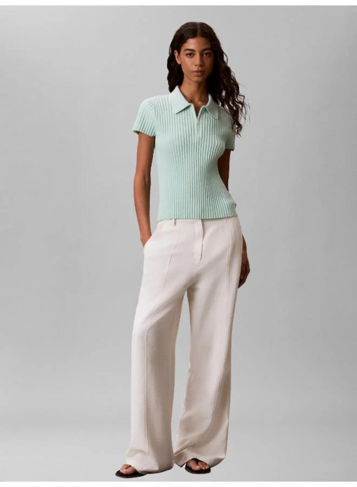 Calvin Klein ZIGZAG RIB SS ZIP UP, P84 Kadın Yeşil T-Shirt