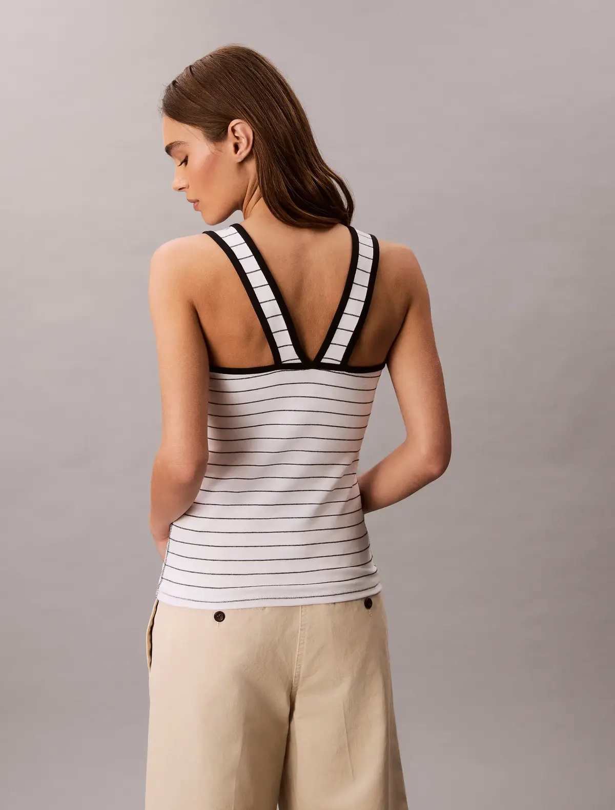 Calvin Klein SL COTTON RIB STRIPE, XE3 Beyaz Kadın T-Shirt