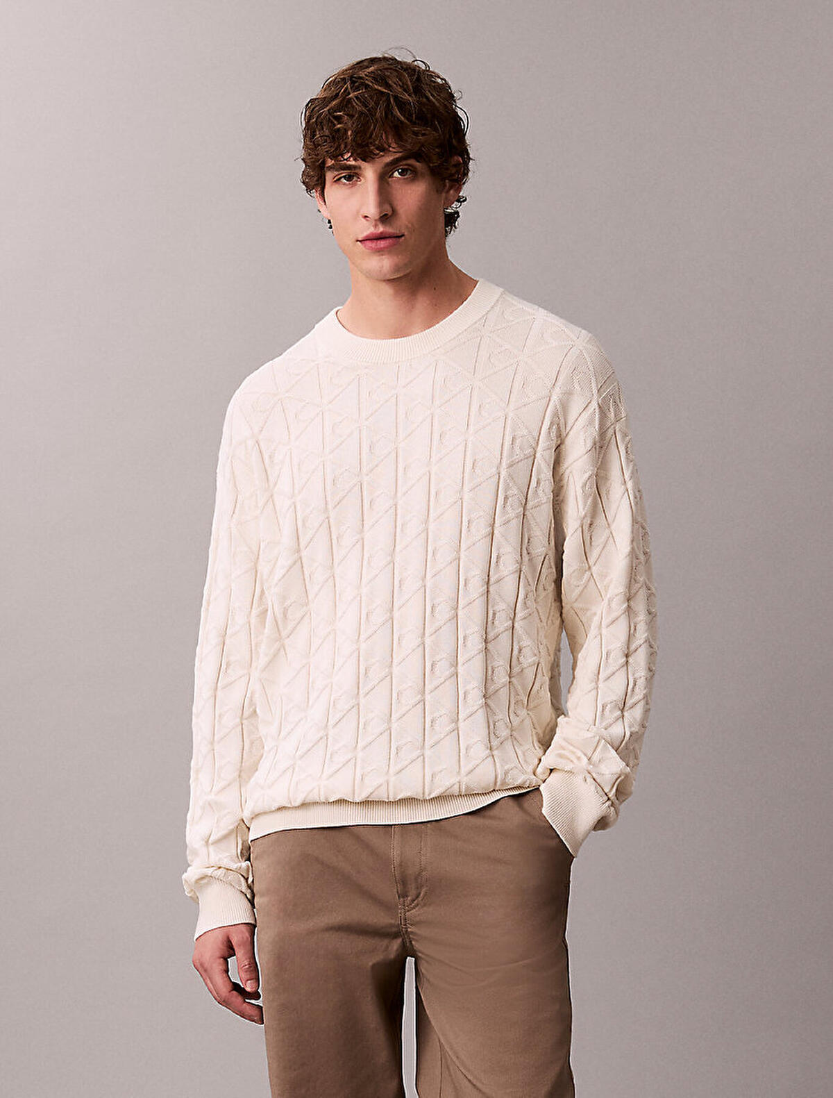 Calvin Klein LS EASY AOP COTTON C, YAS Erkek Krem Kazak