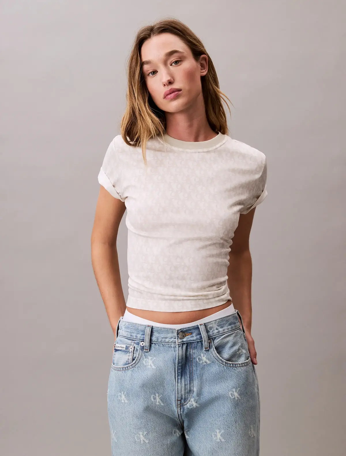 Calvin Klein SS DBL MERC AOP CLAS, XE5 Bej Kadın T-Shirt