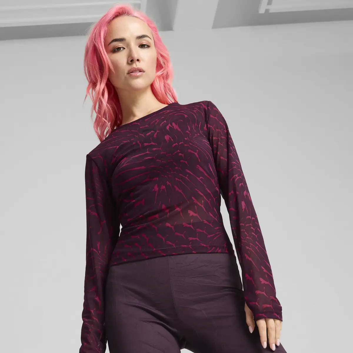 Puma DARE TO Mesh Long Sleeve Tee Bordo Kadın T-Shirt & Polo