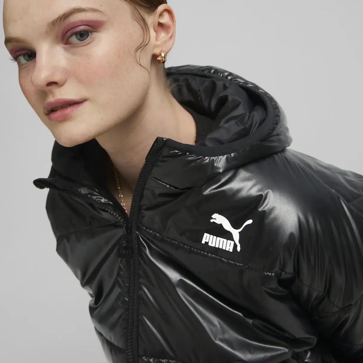 Puma Classics Shiny Padded Jacket Siyah Parlak Kadın Kapüşonlu Şişme Mont