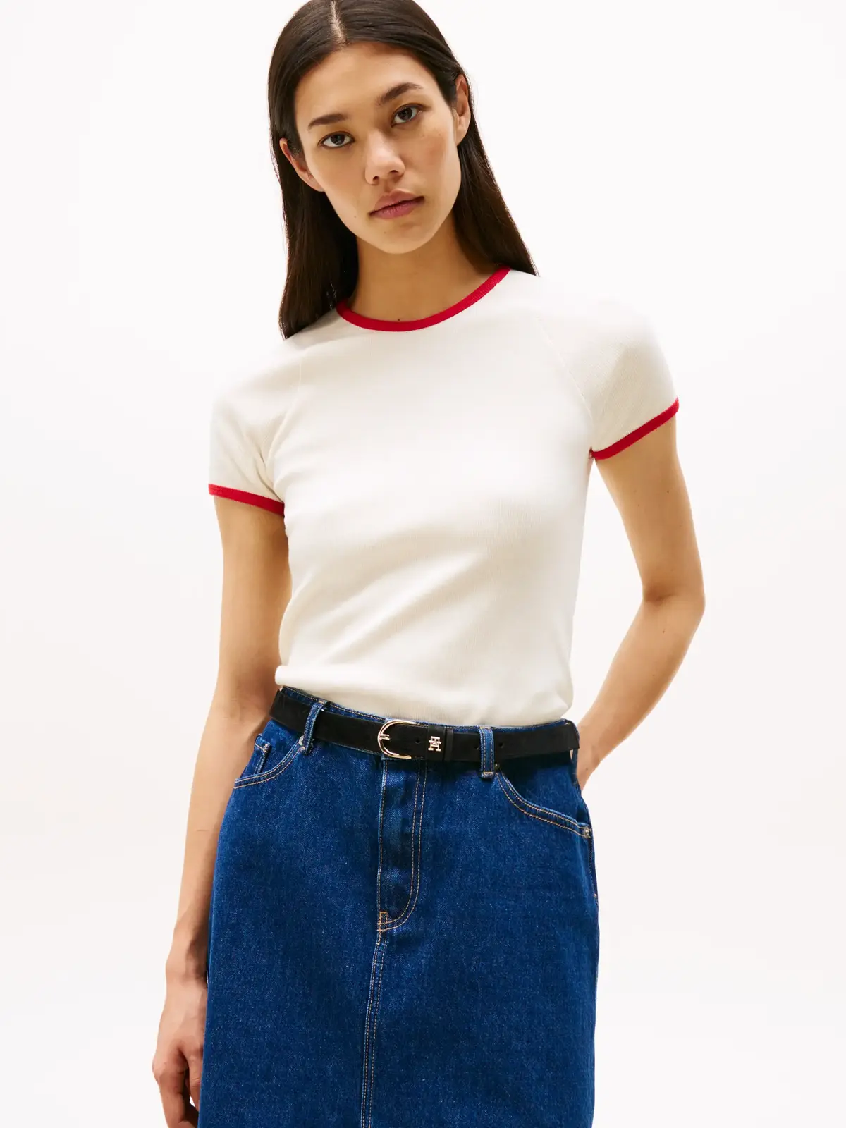 Tommy Hilfiger CONTRAST RINGER TEE Kadın Beyaz T-Shirt