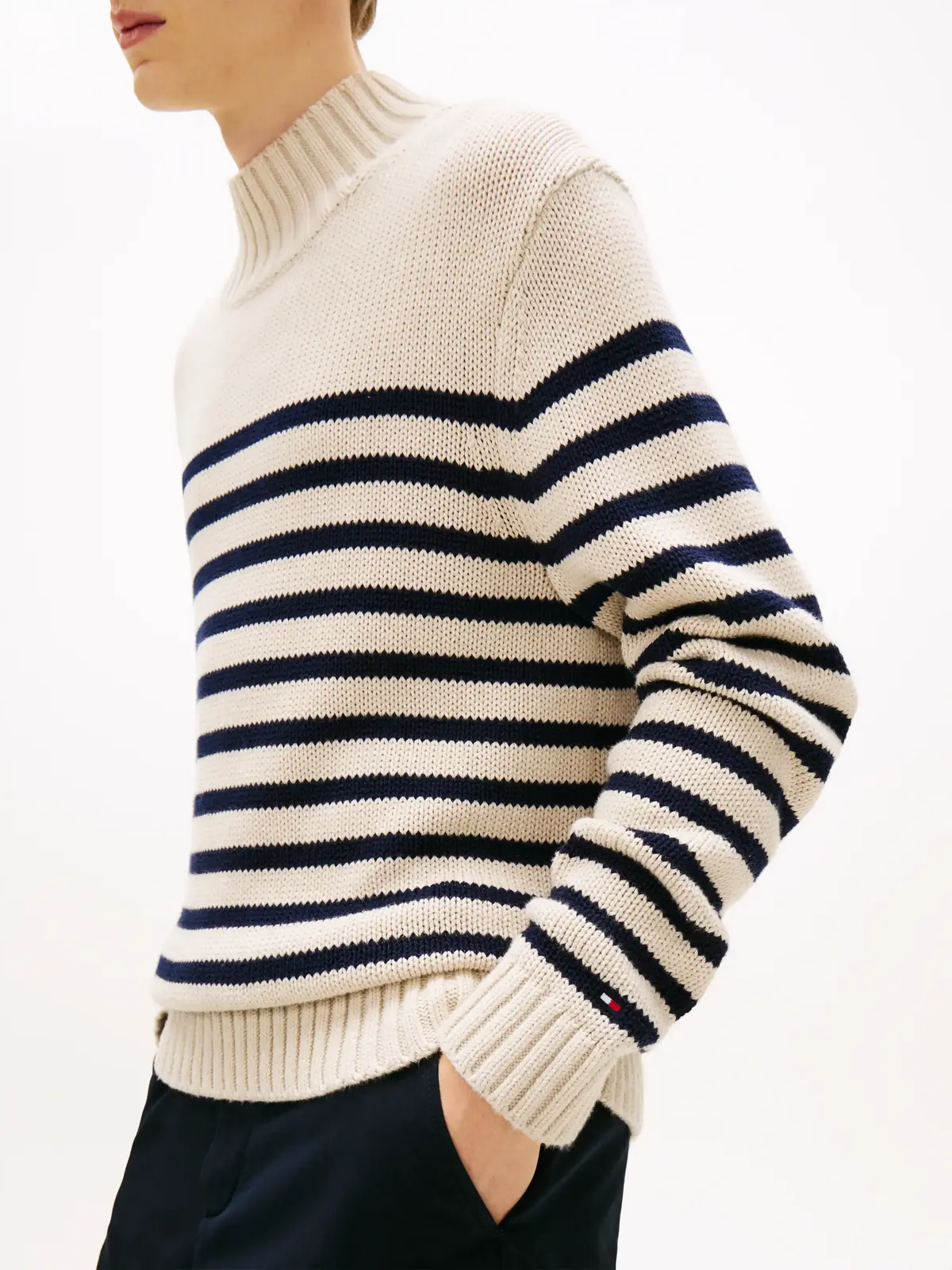 Tommy Hilfiger BRETON COTTON STRIPE, 0BP Krem Erkek Kazak