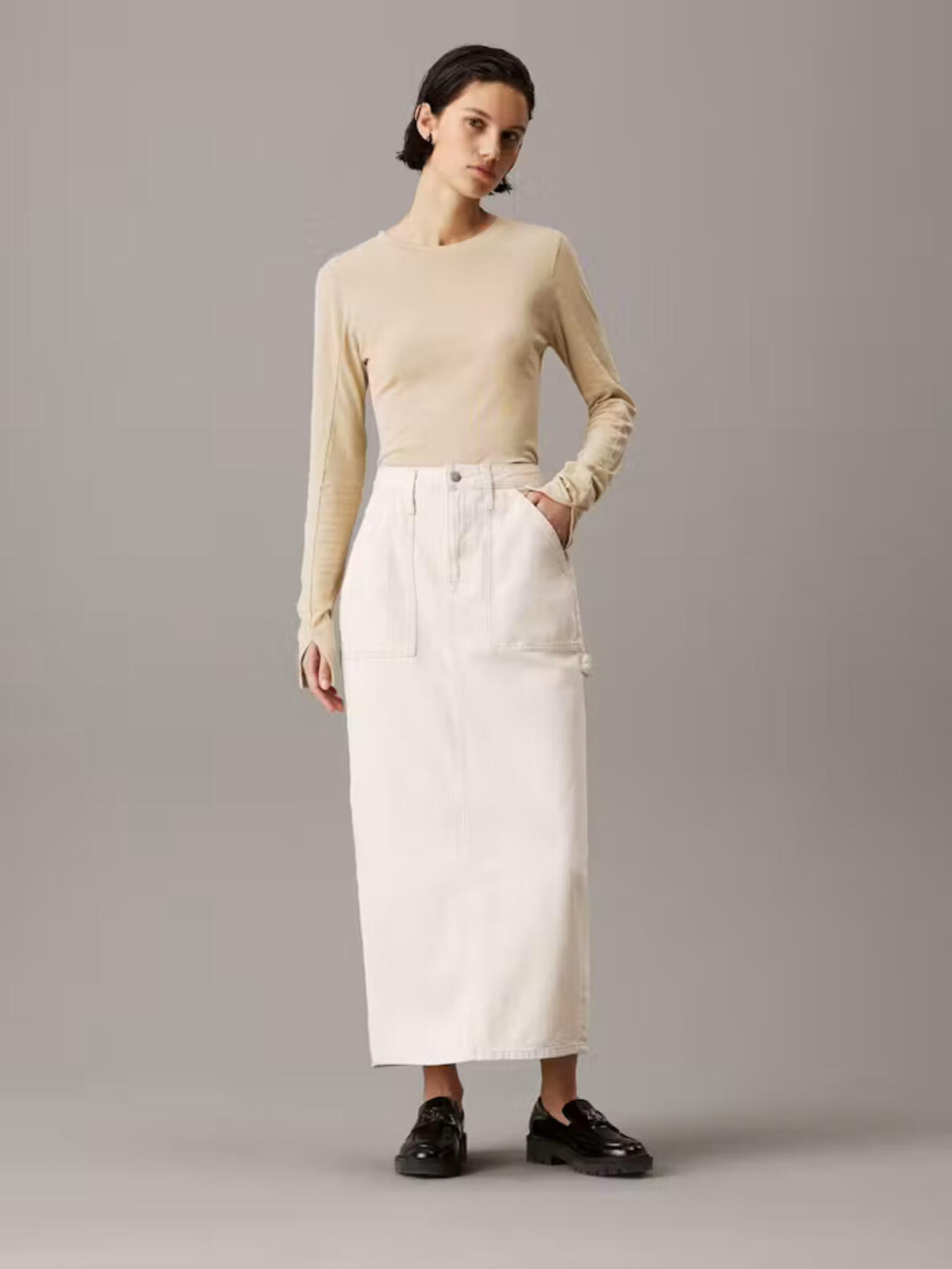 Calvin Klein MAXI SKIRT CARGO POC, 1AA Krem Kadın Etek