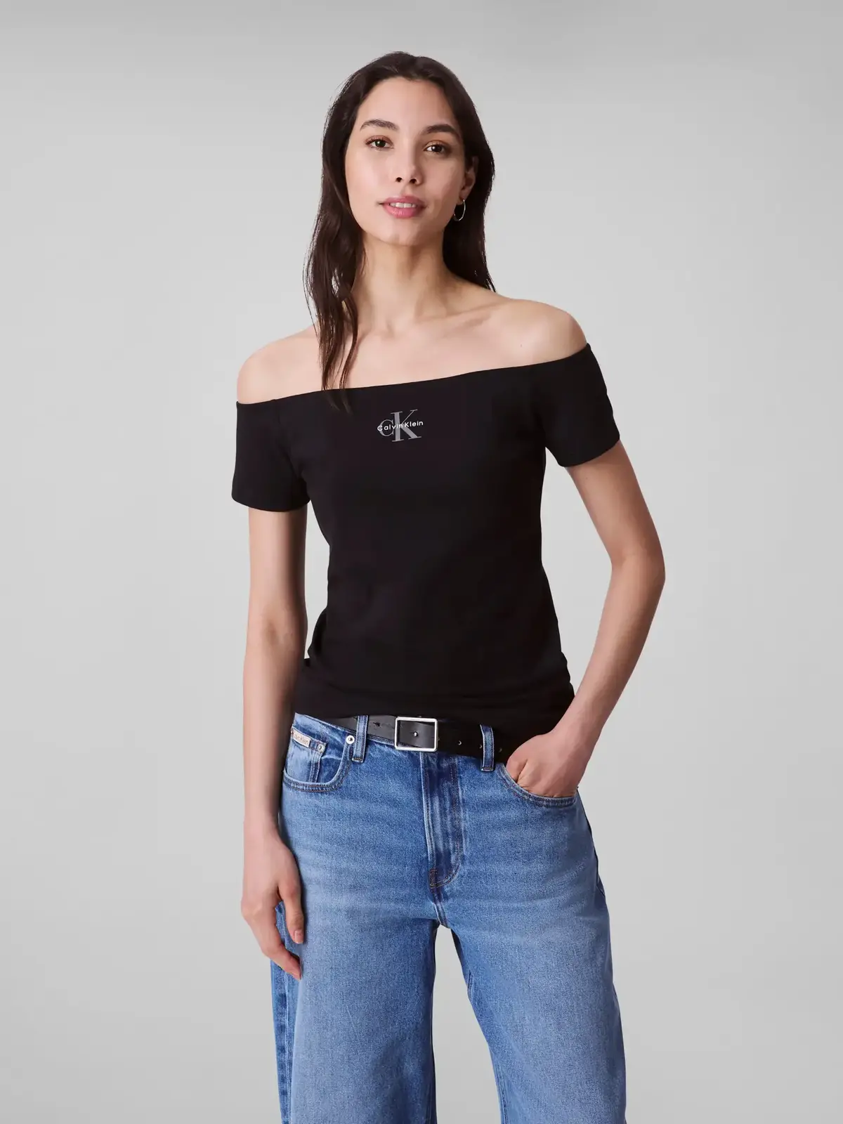 Calvin Klein MONOGRAM OFF SHOULDE Siyah Kadın Tişört