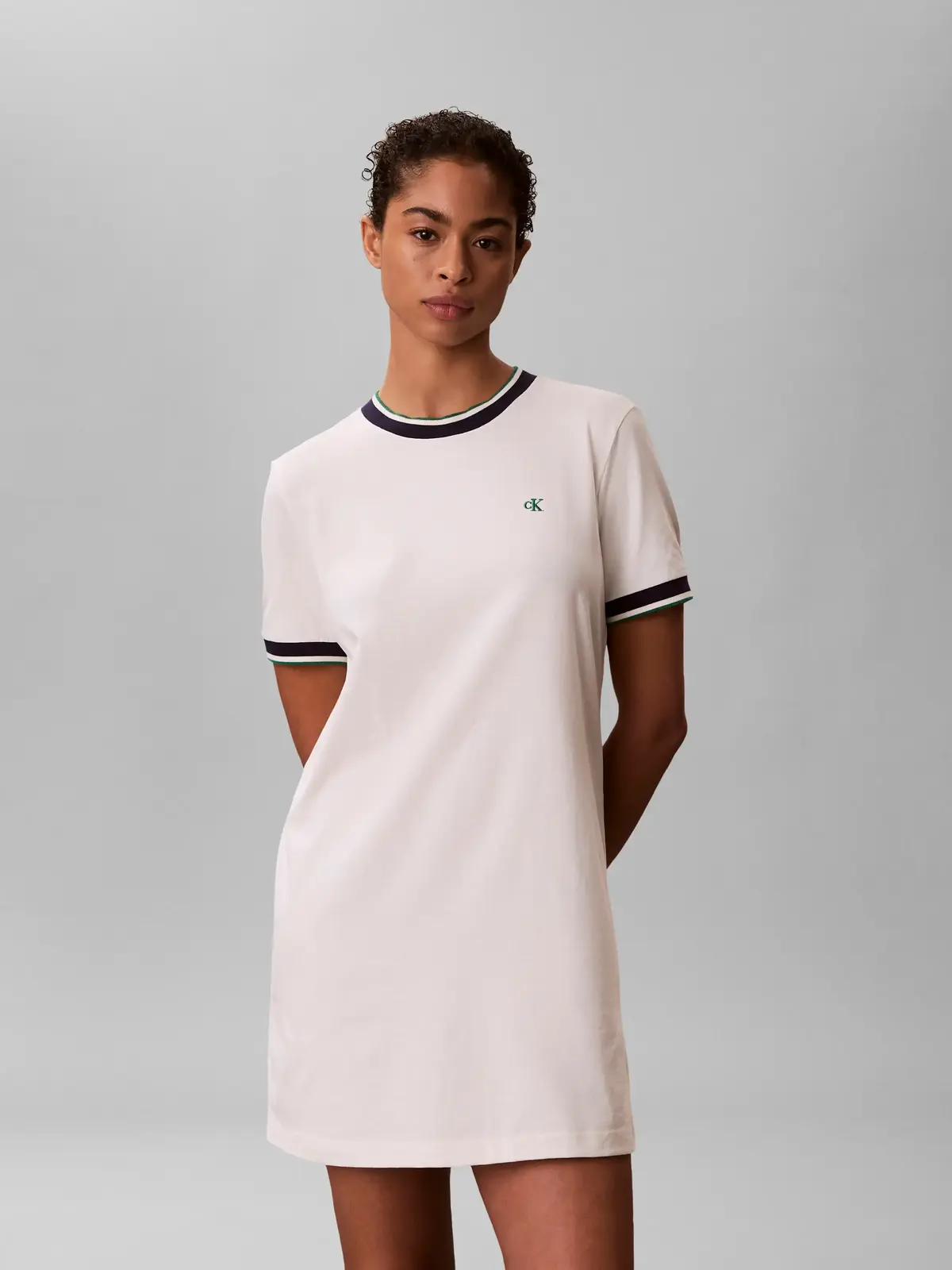 Calvin Klein SS CTN MONOGRAM STRI Beyaz Kadın Regular Fit Mini Elbise