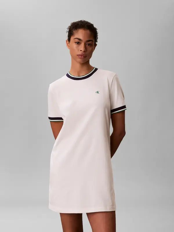 Calvin Klein SS CTN MONOGRAM STRI Beyaz Kadın Regular Fit Mini Elbise