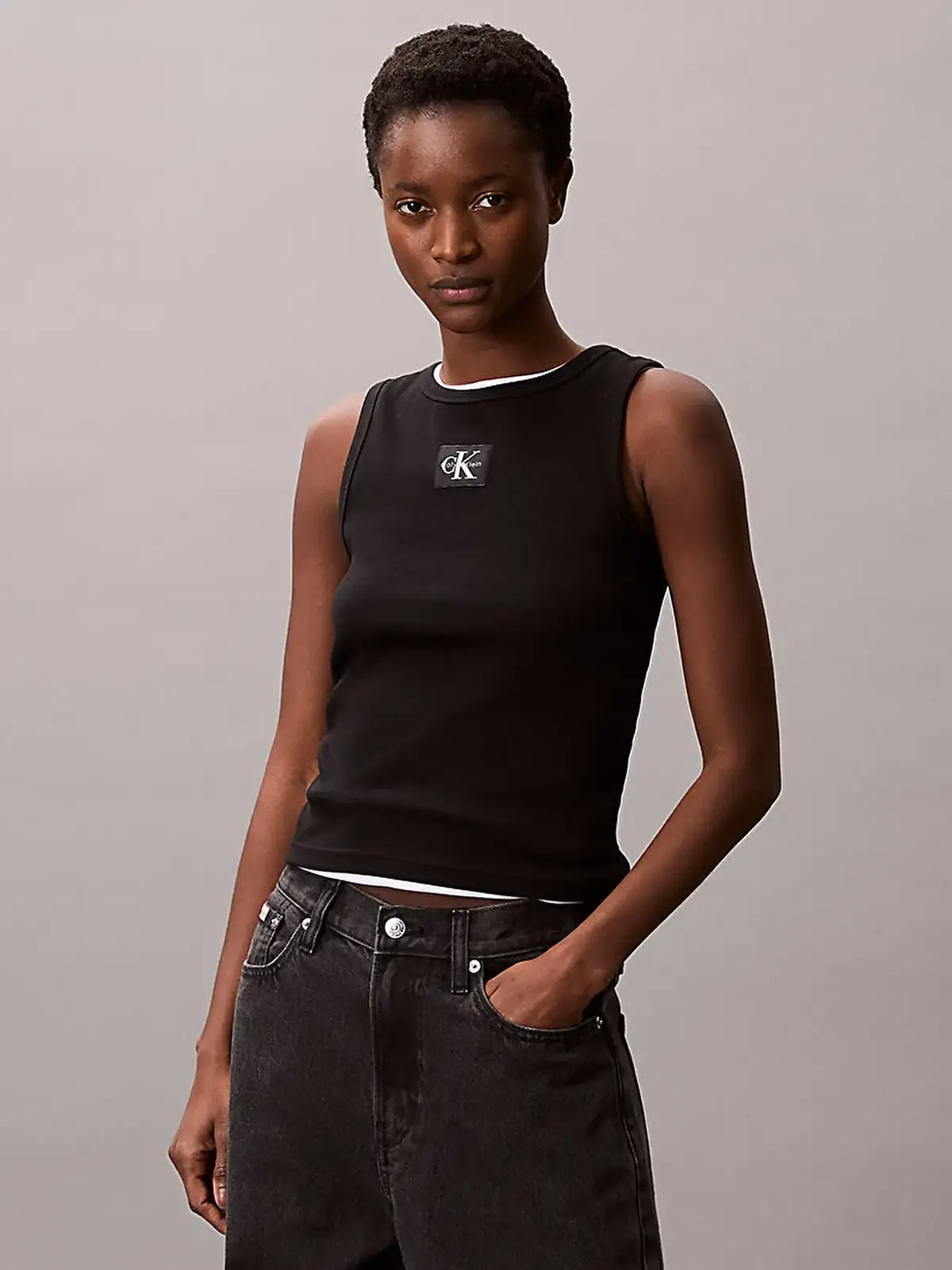 Calvin Klein A - WOVEN LABEL 2X2 COTTON RIB T Siyah Kadın Tişört