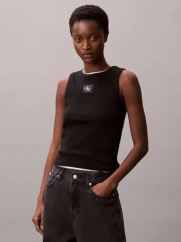 Calvin Klein A - WOVEN LABEL 2X2 COTTON RIB T Siyah Kadın Tişört