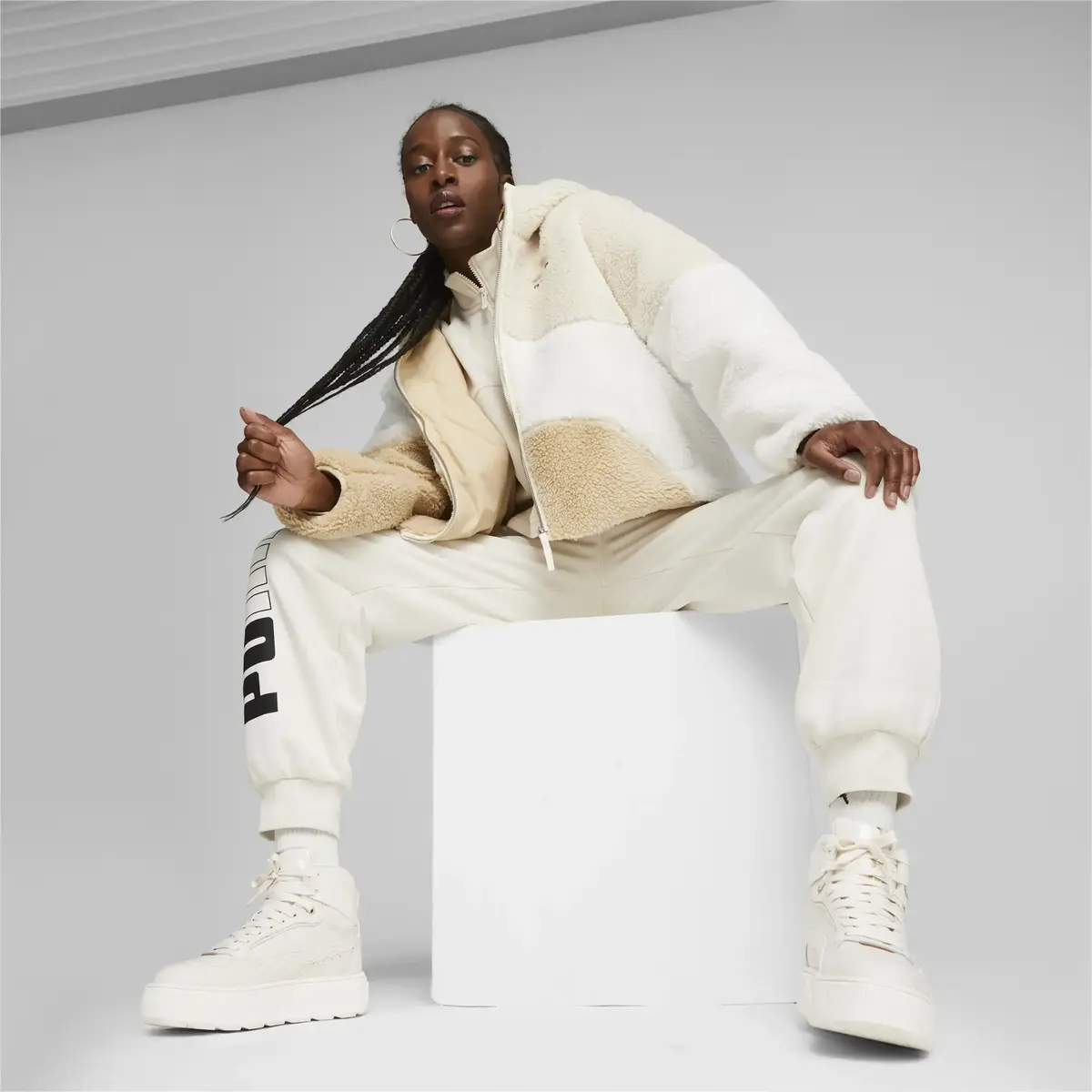Puma Big Cat Hooded Kadın Bej Sherpa Ceket