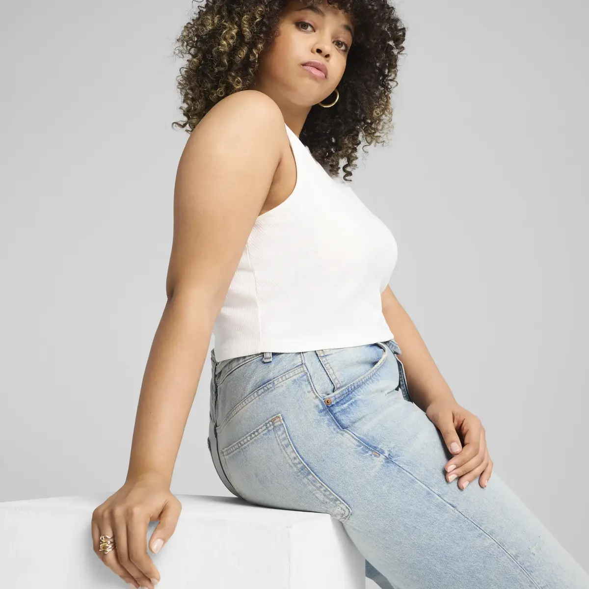 Puma WARDROBE ESS Ribbed Crop Top Beyaz Kadın Crop