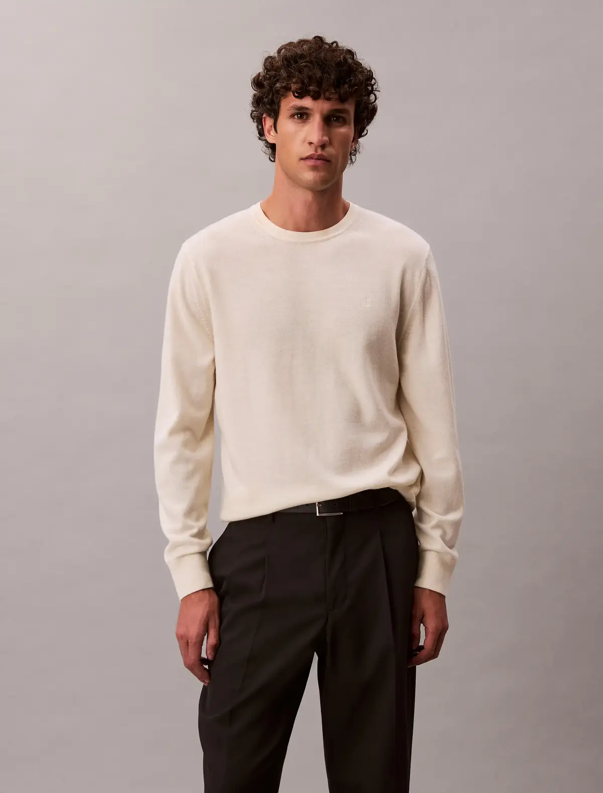 Calvin Klein LS 100% MERINO CREW, YAC Erkek Beyaz Kazak