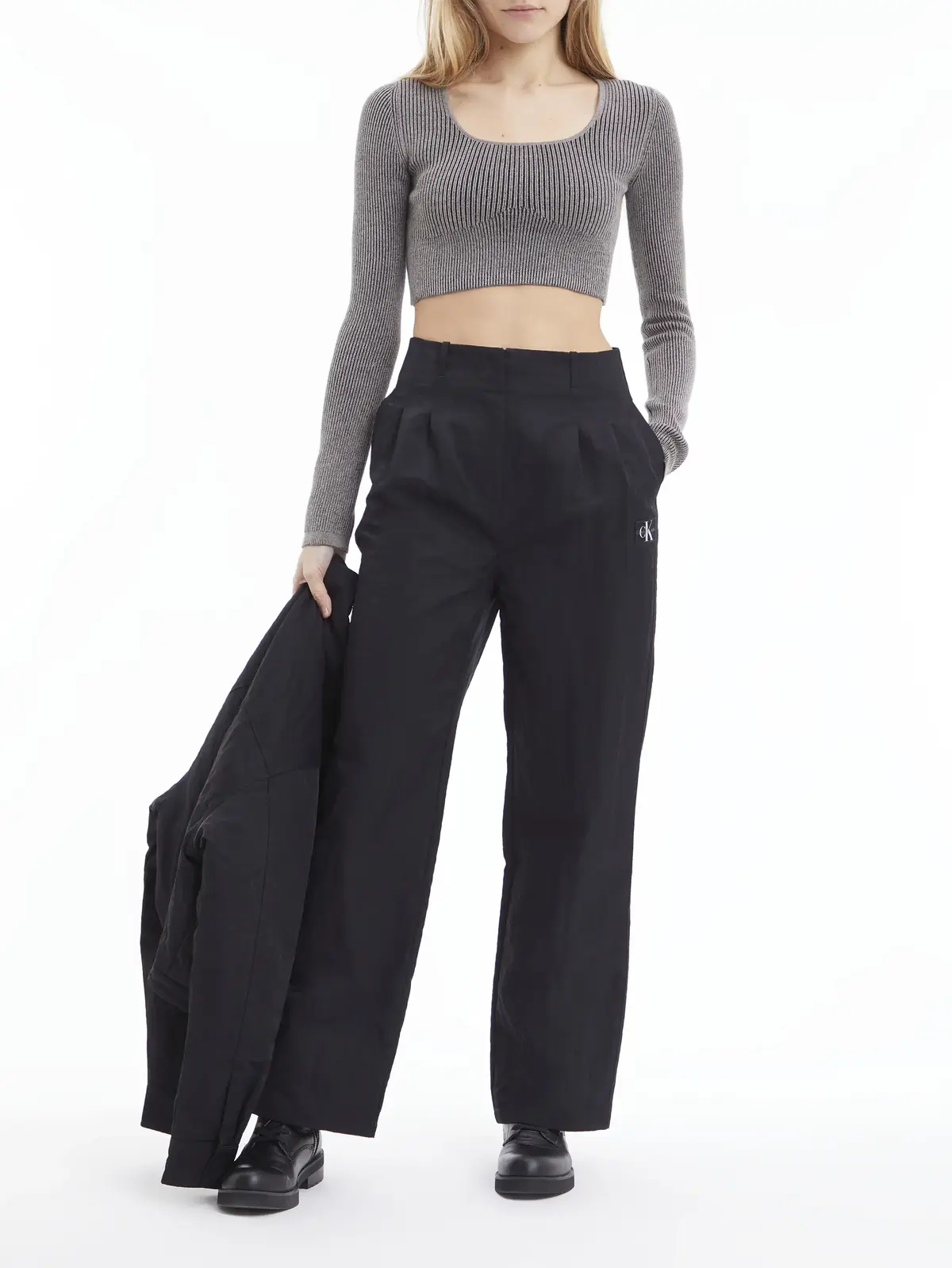 Calvin Klein CRINKLE NYLON TIE TA Kadın Siyah Geniş Paça Pantolon