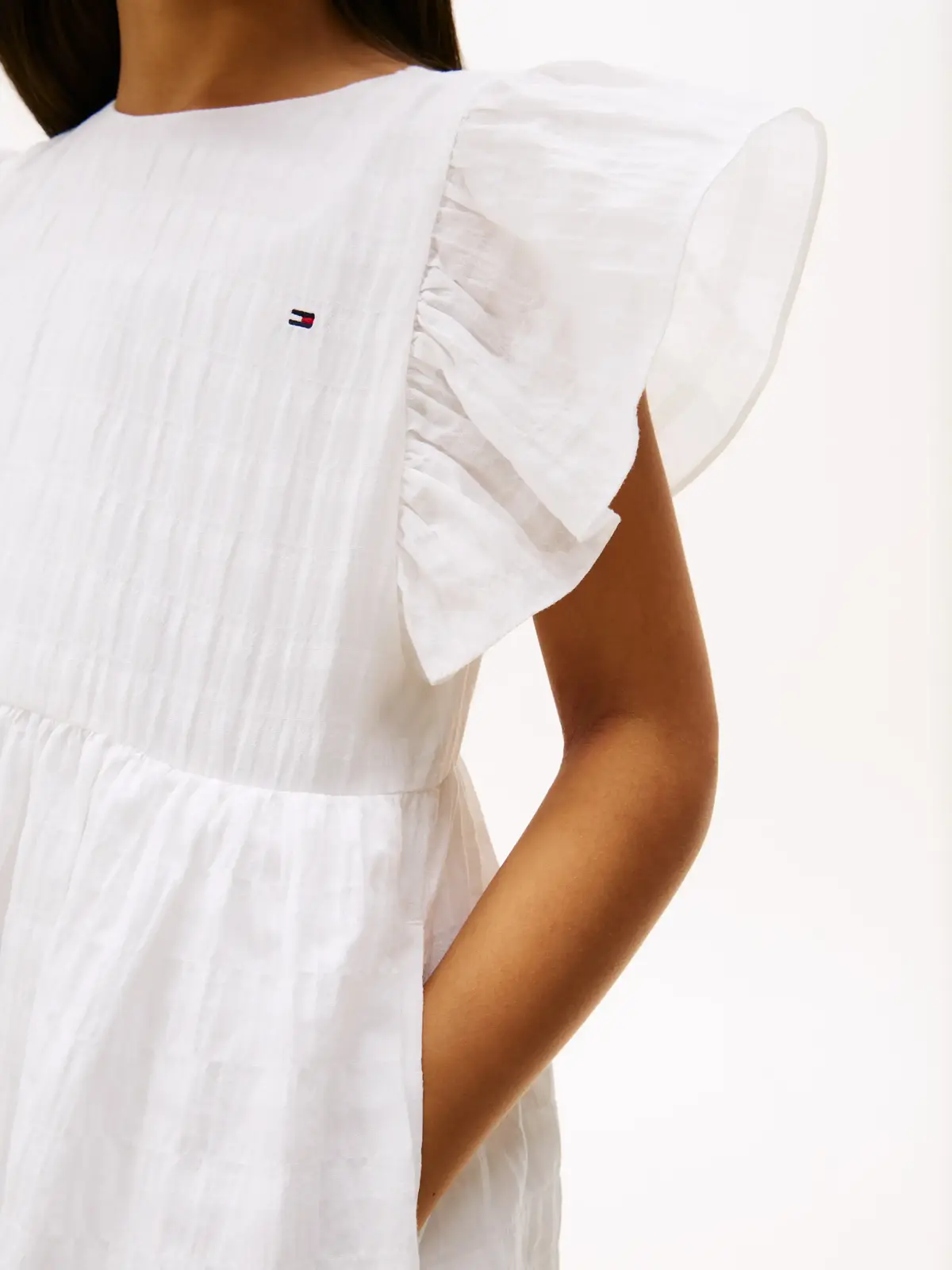 Tommy Hilfiger TEXTURED COTTON DRES, YBR Beyaz Kız Çocuk Elbise-Etek