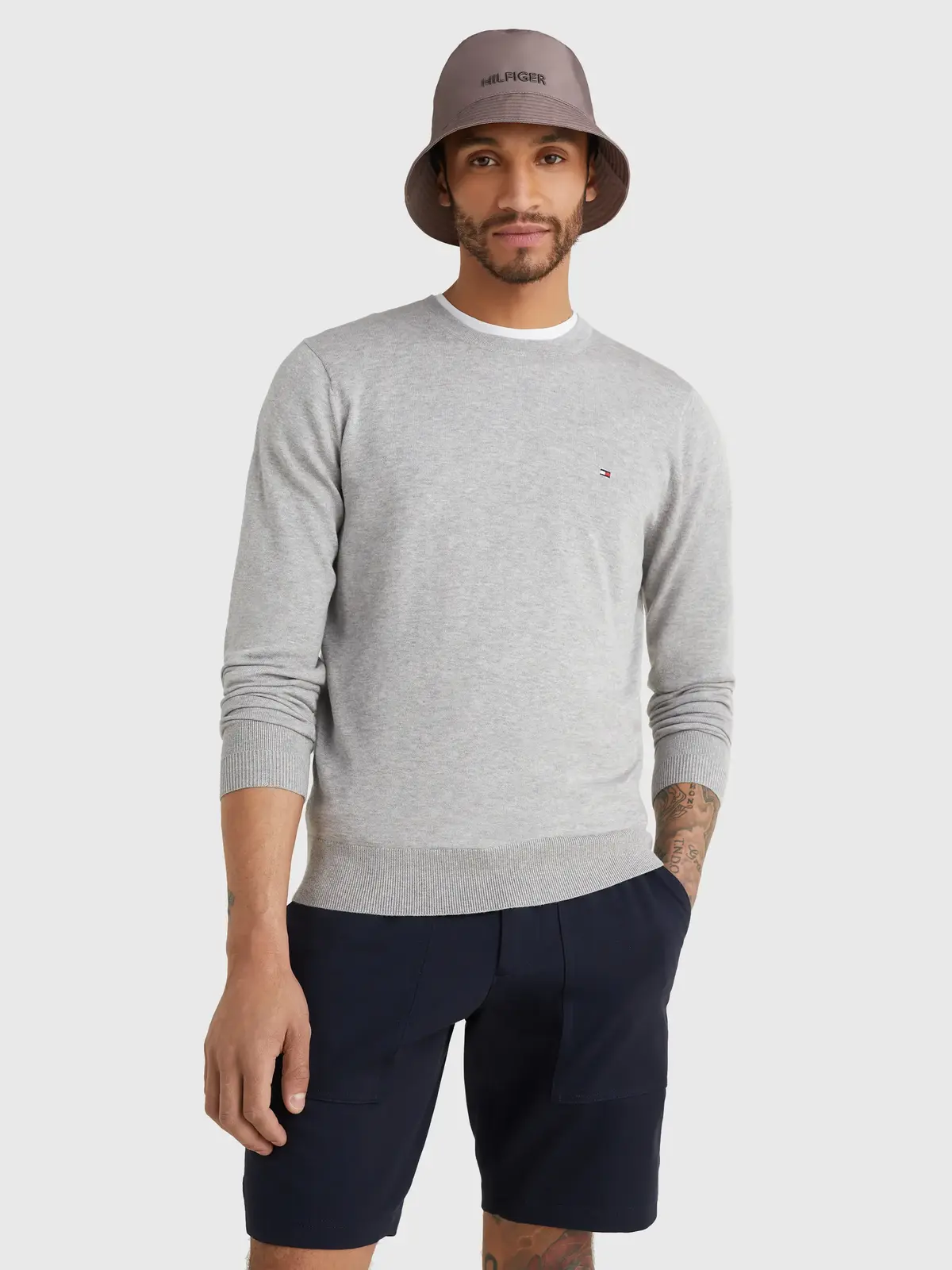 Tommy Hilfiger CORE COTTON-SILK CNE Erkek Gri Kazak