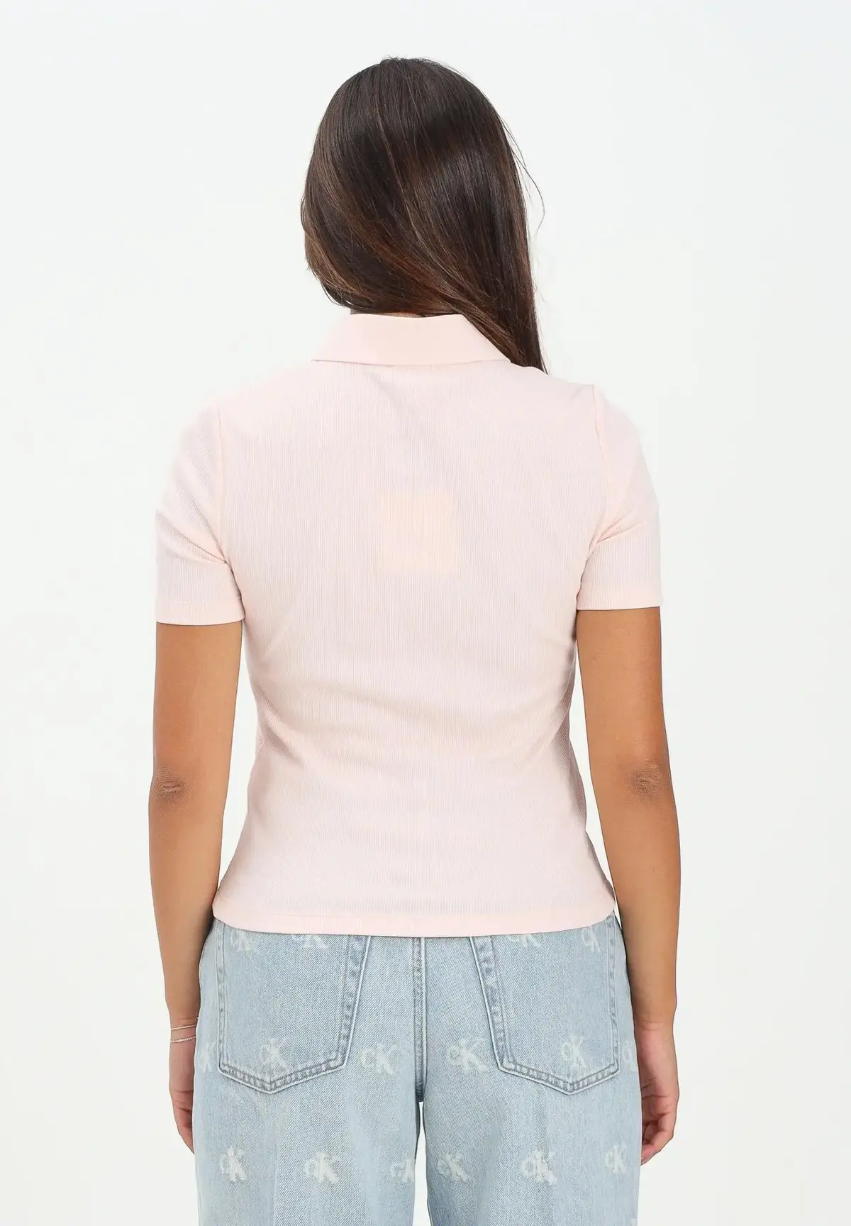 Calvin Klein A - WOVEN LABEL 2X2 RIB POLO Pembe Kadın Polo T-Shirt Calvin Klein A - WOVEN LABEL 2X2 RIB POLO Pembe Kadın Polo T-Shirt