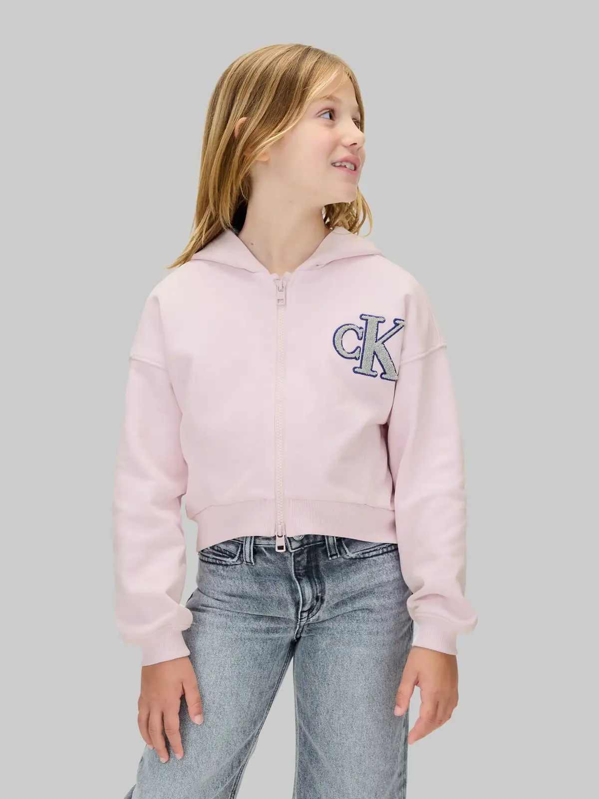 Calvin Klein CK LOGO TERRY ZIP Pembe Çocuk Kapüşonlu Sweatshirt