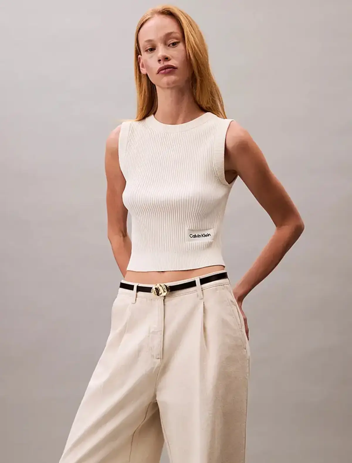 Calvin Klein A- Viscose Nylon Crew Neck Vest Bej Kadın Kazak