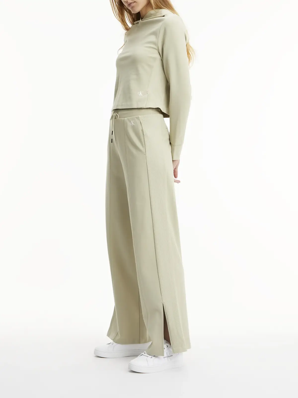 Calvin Klein SIDE RIB STRAIGHT MI Kadın Krem Geniş Paça Pantolon