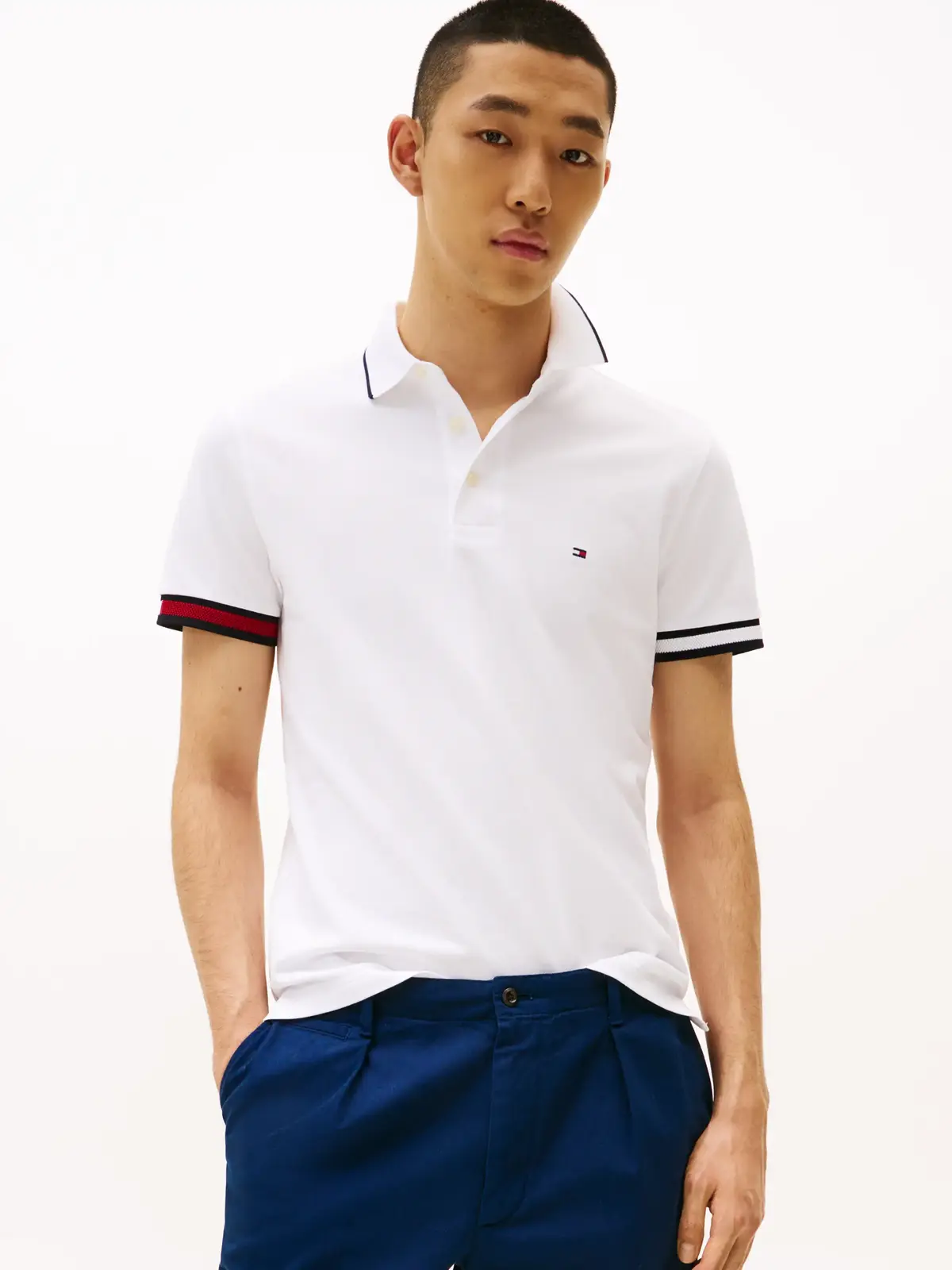 Tommy Hilfiger FLAG CUFF SLIM FIT P, YBR Beyaz Erkek T-Shirt & Polo