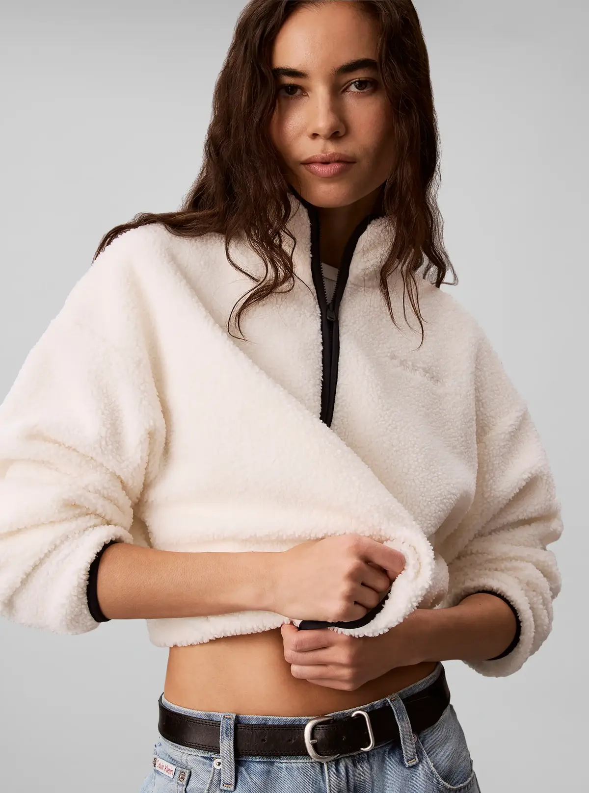 Calvin Klein SHERPA 1/4 ZIP CONTR, YAS Bej Kadın Sweatshirt